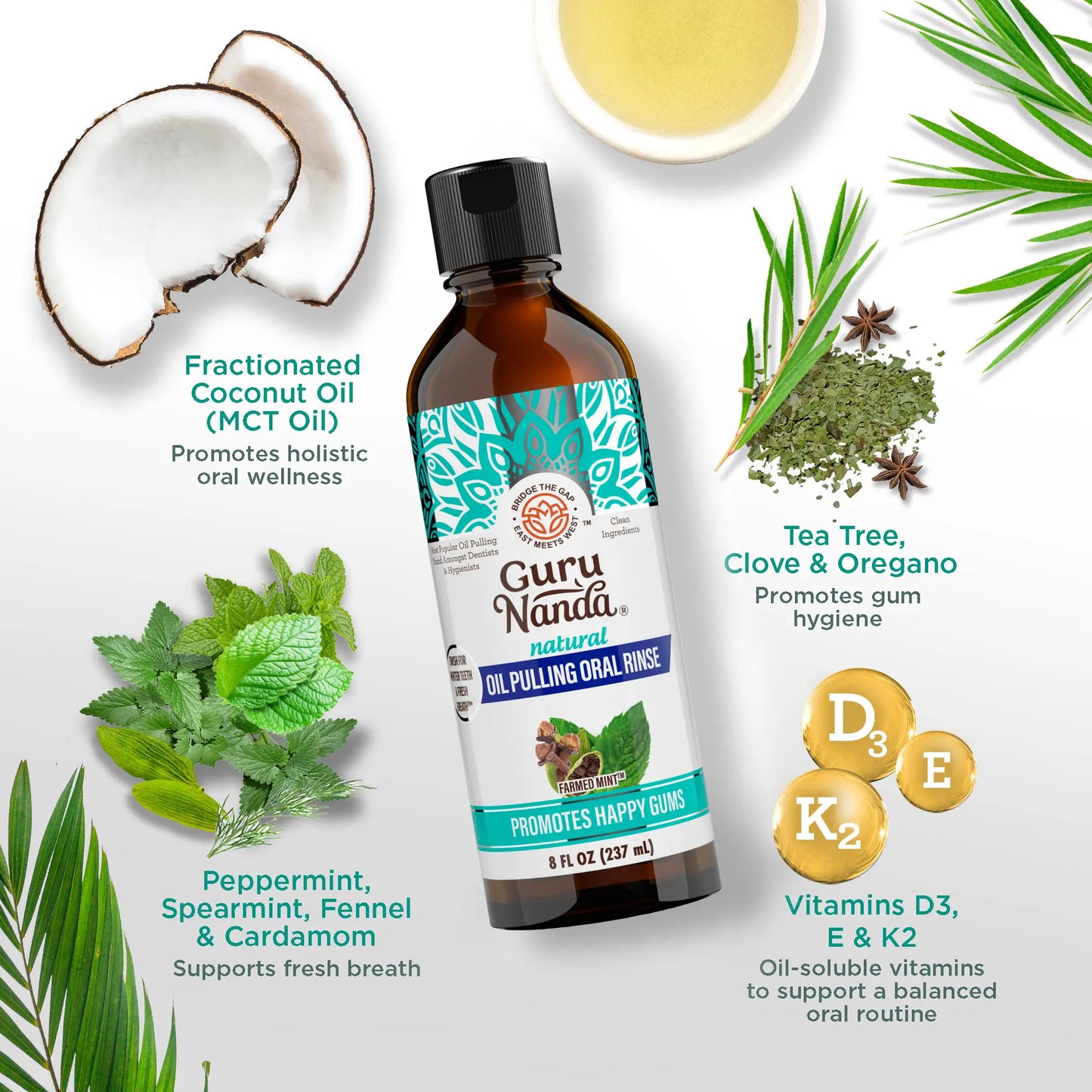 Gurunanda Farmed Mint Oil Pulling Mouthwash with 7 Essential Oils & 3 Vitamins, Promotes Fresh Breath & Happy Gums, Alcohol-Free, 8 Fl Oz