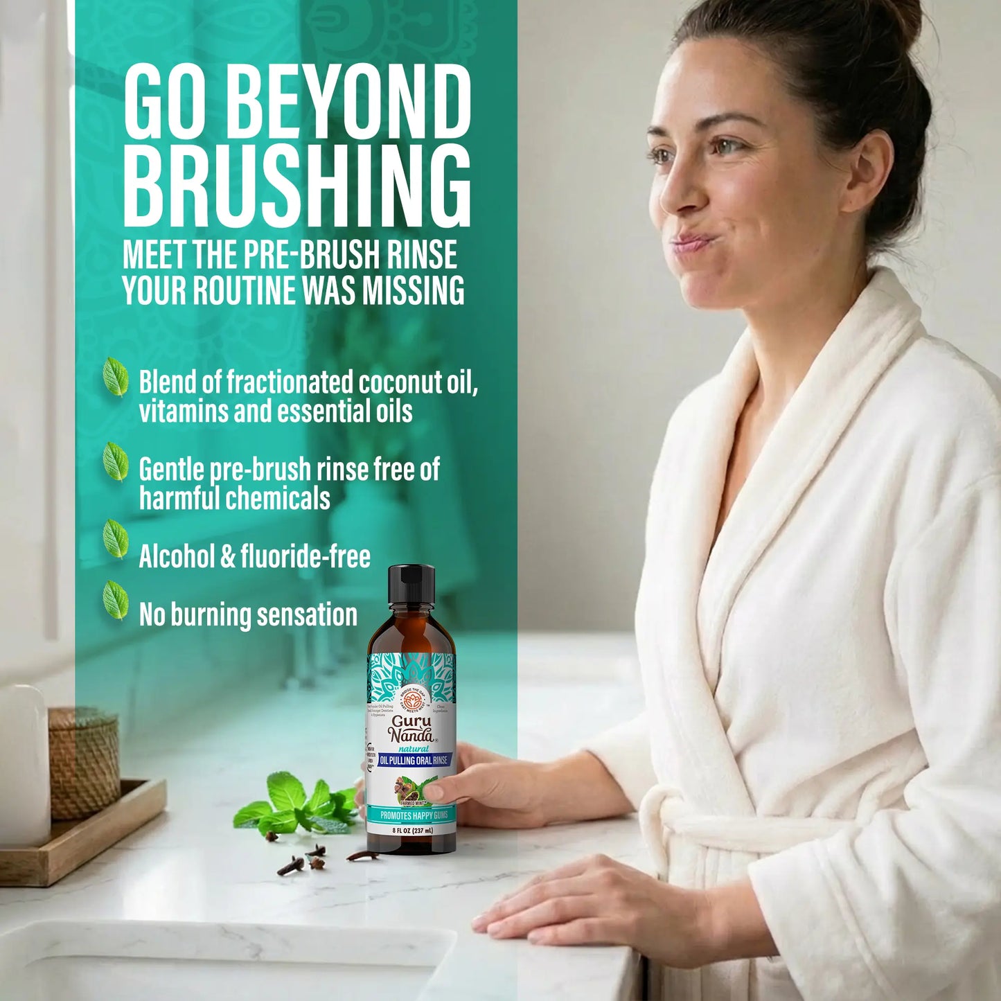 Gurunanda Farmed Mint Oil Pulling Mouthwash with 7 Essential Oils & 3 Vitamins, Promotes Fresh Breath & Happy Gums, Alcohol-Free, 8 Fl Oz