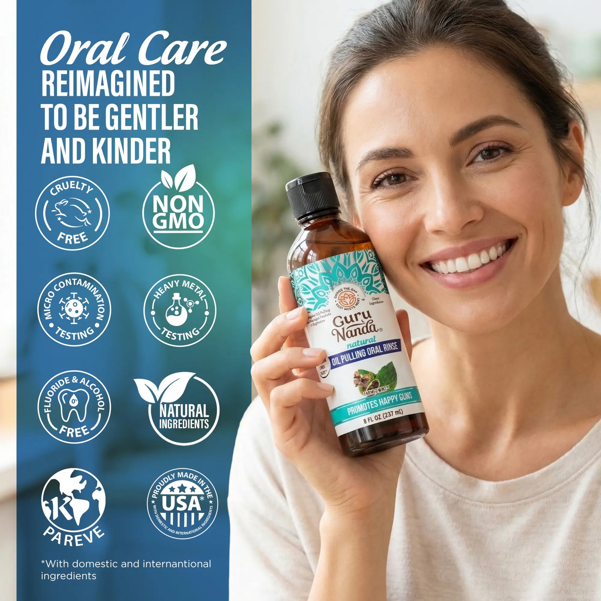 Gurunanda Farmed Mint Oil Pulling Mouthwash with 7 Essential Oils & 3 Vitamins, Promotes Fresh Breath & Happy Gums, Alcohol-Free, 8 Fl Oz