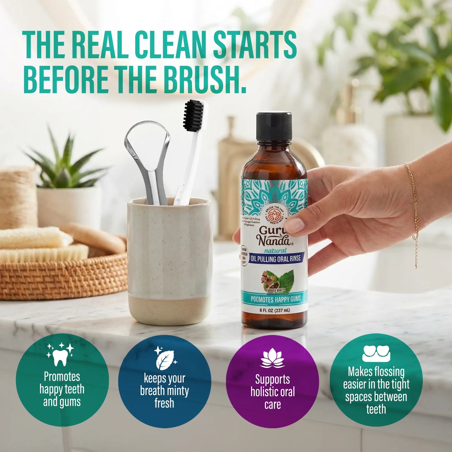 Gurunanda Farmed Mint Oil Pulling Mouthwash with 7 Essential Oils & 3 Vitamins, Promotes Fresh Breath & Happy Gums, Alcohol-Free, 8 Fl Oz