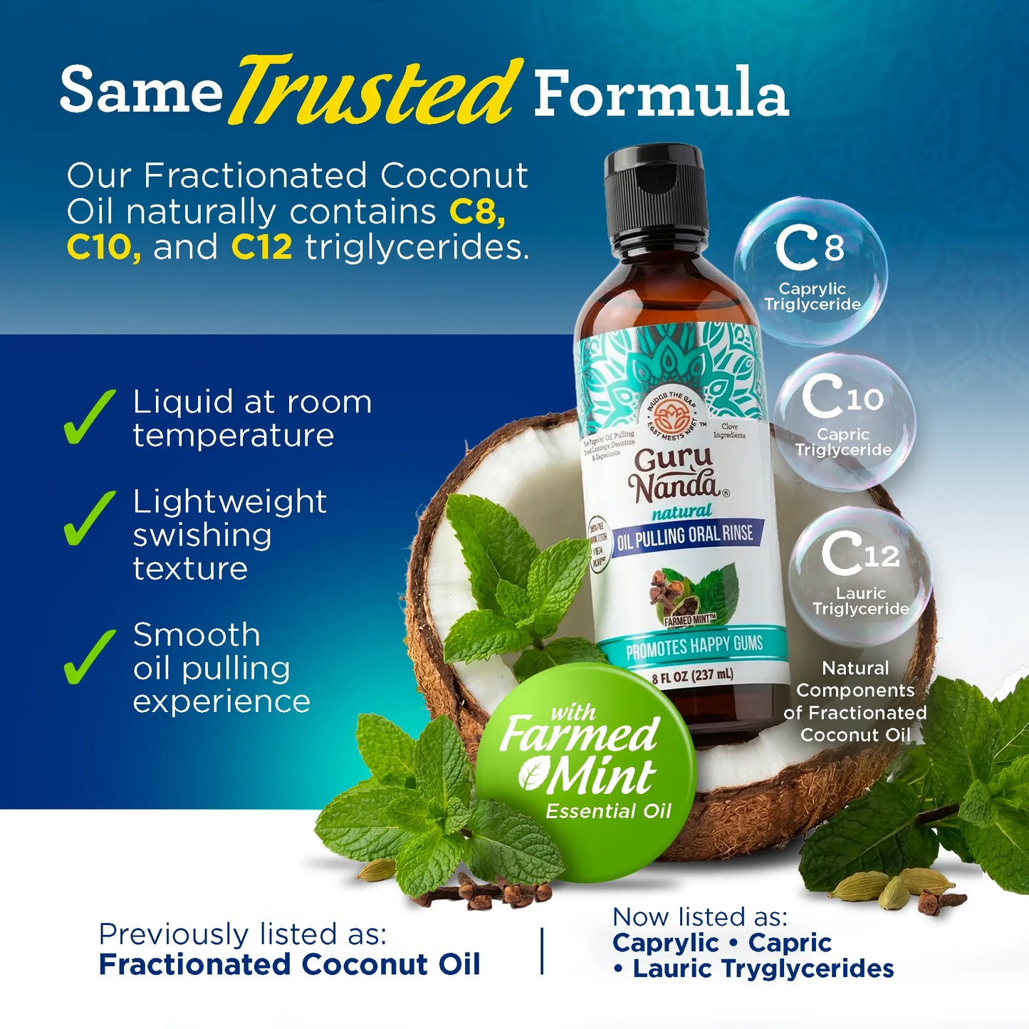Gurunanda Farmed Mint Oil Pulling Mouthwash with 7 Essential Oils & 3 Vitamins, Promotes Fresh Breath & Happy Gums, Alcohol-Free, 8 Fl Oz