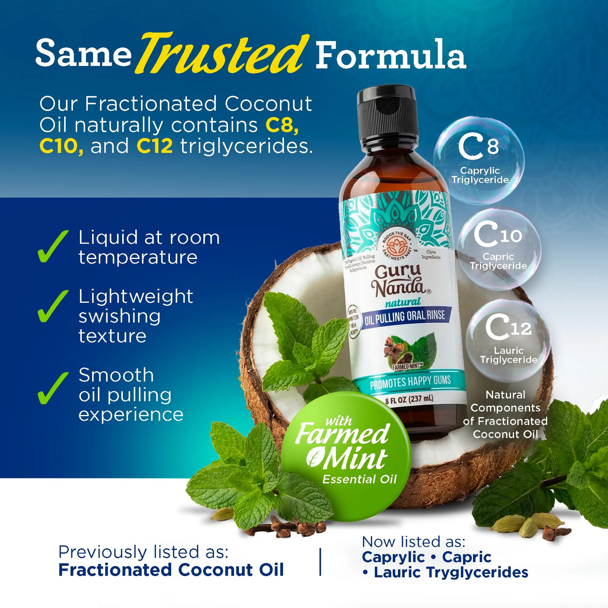 Gurunanda Farmed Mint Oil Pulling Mouthwash with 7 Essential Oils & 3 Vitamins, Promotes Fresh Breath & Happy Gums, Alcohol-Free, 8 Fl Oz