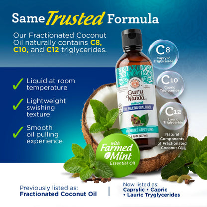 Gurunanda Farmed Mint Oil Pulling Mouthwash with 7 Essential Oils & 3 Vitamins, Promotes Fresh Breath & Happy Gums, Alcohol-Free, 8 Fl Oz