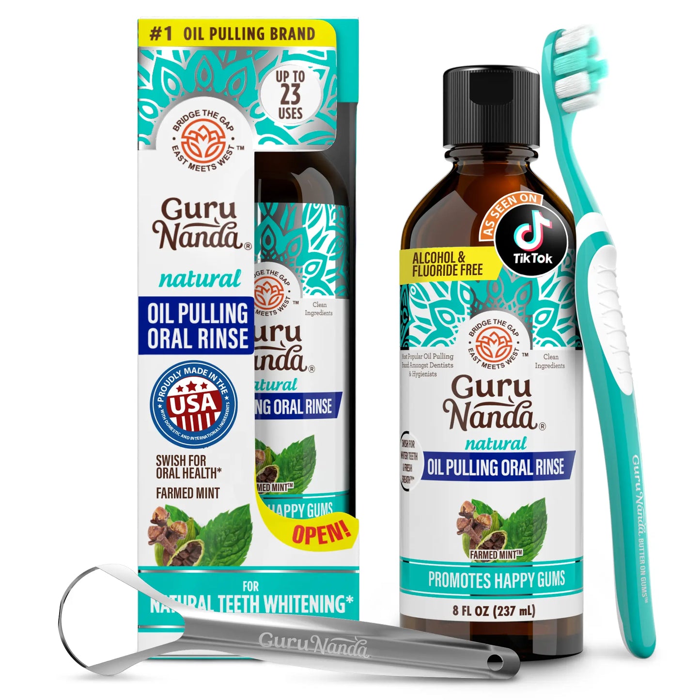 Gurunanda Farmed Mint Oil Pulling Mouthwash with 7 Essential Oils & 3 Vitamins, Promotes Fresh Breath & Happy Gums, Alcohol-Free, 8 Fl Oz